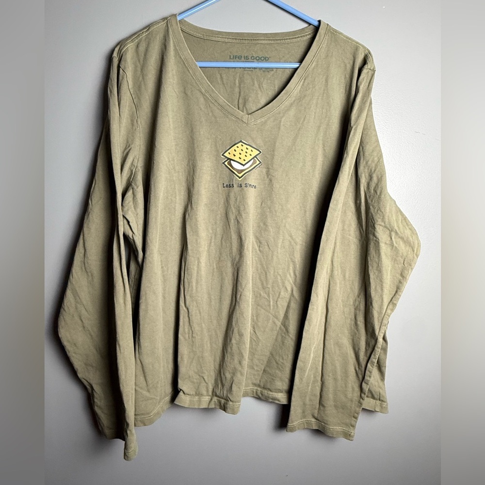 Life is Good "Less Is S'More" Olive V-Neck Women's Crusher Tee Sz XXXL
